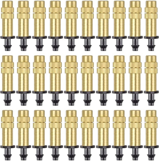 30PCS 1/4" Adjustable Copper Atomizing Nozzle Kalolary Drip Irrigation Sprayer 4/7mm Atomizing Micro Sprinkler Garden Cooling Irrigation Equipment for Lawn Vegetables Greenhouse