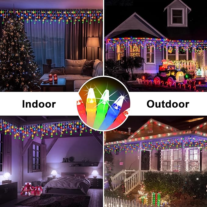 66ft LED Christmas Lights Outdoor with 140 Drops, Christmas Decorations Hanging Lights 490 LED 8 Lighting Modes, Outsite Fairy String Lights for House Xmas Wedding Party Holiday Decoration Multicolor