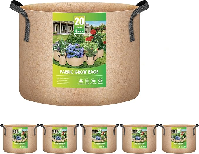 iPower 5-Pack 20 Gallon Plant Grow Bags Thickened Nonwoven Aeration Fabric Pots Heavy Duty Durable Container, Strap Handles for Garden, Tan New