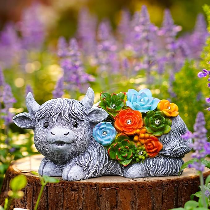 Nacome Solar Garden Statues Highland Cow with Succulent and 6 LED Lights - Lawn Decor for Patio Balcony Yard Ornaments - Birthday Gifts Mom Grandma Women(Grey)