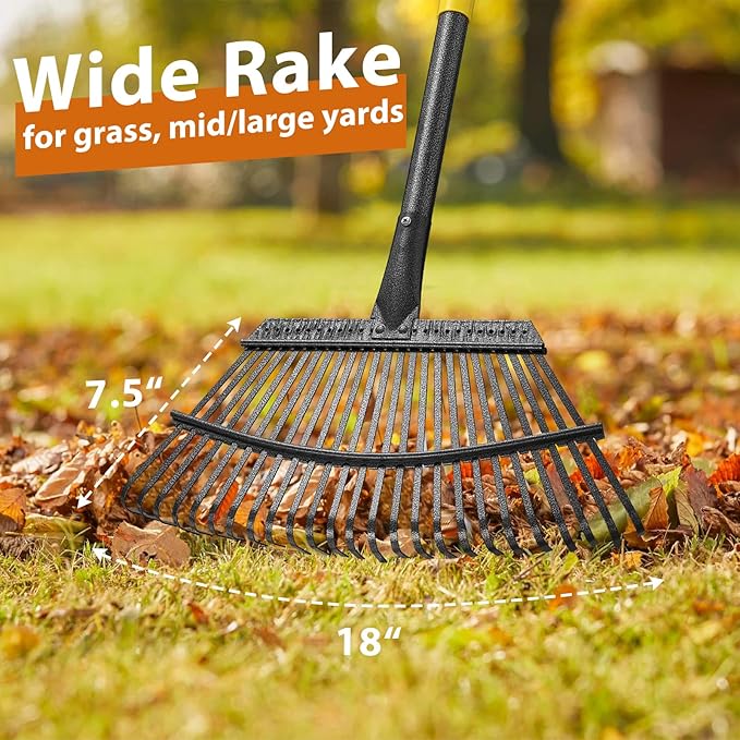 Rake, Garden Leaf Rake Set, 65 Inch Long 18 Inch Wide Heavy Duty Leaf Rake with 25 Metal Tines, 32 Gallon Leaf Bags, Leaf Scoops, Yard Garden Thatching Rake for Leaves with Adjustable Handle