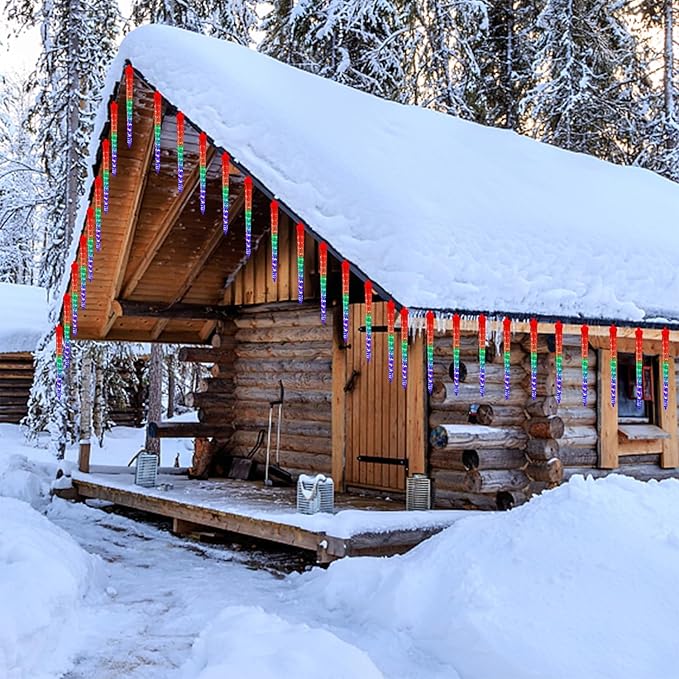 WATERGLIDE 16 Icicles Meteor Shower Lights, 12" Outdoor Christmas Icicle 384 SMD LED Crystal Ice Falling, Connectable Raindrop, Xmas Winter Party Tree Holiday Decor, Multicolor