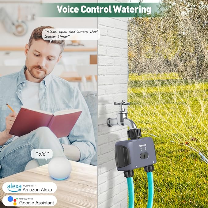 WiFi Water Timer, 2 Zones Sprinkler Timer for Garden Hose, Hose Timer with Wi-Fi Hub, APP Remote Control, Voice Control with Alexa, Rain Delay and Manual Mode for Yard Lawn Watering