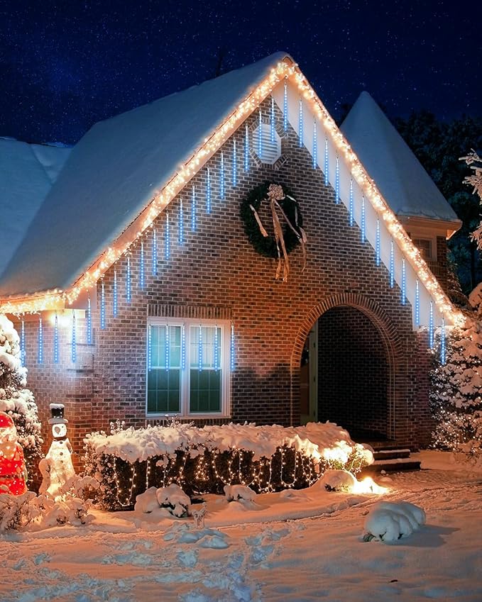 Blue 20 Tubes Meteor Shower Icicle Lights 480 LED Raindrop Lights with Timer Function Cascading Falling Rain Light for Holiday Party Christmas Decorations