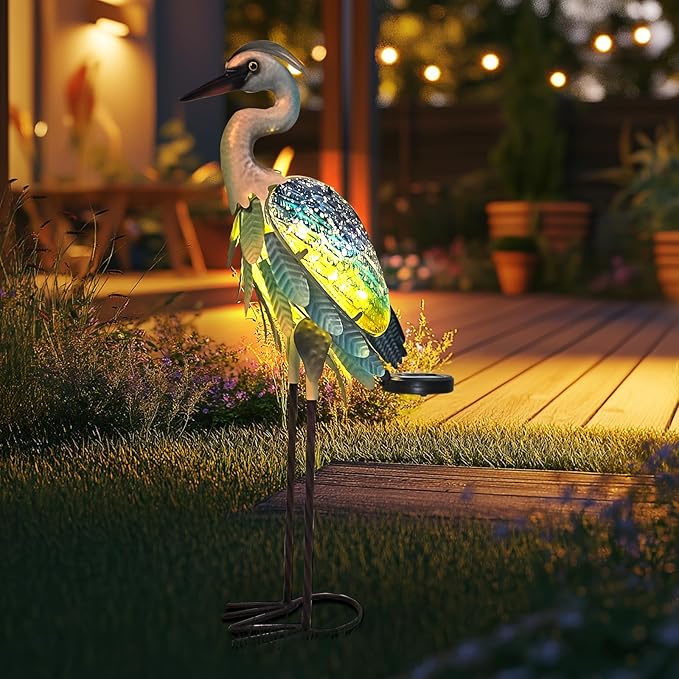 HONGLAND Solar Heron Metal Crane Statue Garden Heron Sculpture, Glass Outdoor Crane Yard Art Coastal Ocean Bird Decor 24 Inch Lawn Ornament for Backyard Porch Patio Decor(Green)