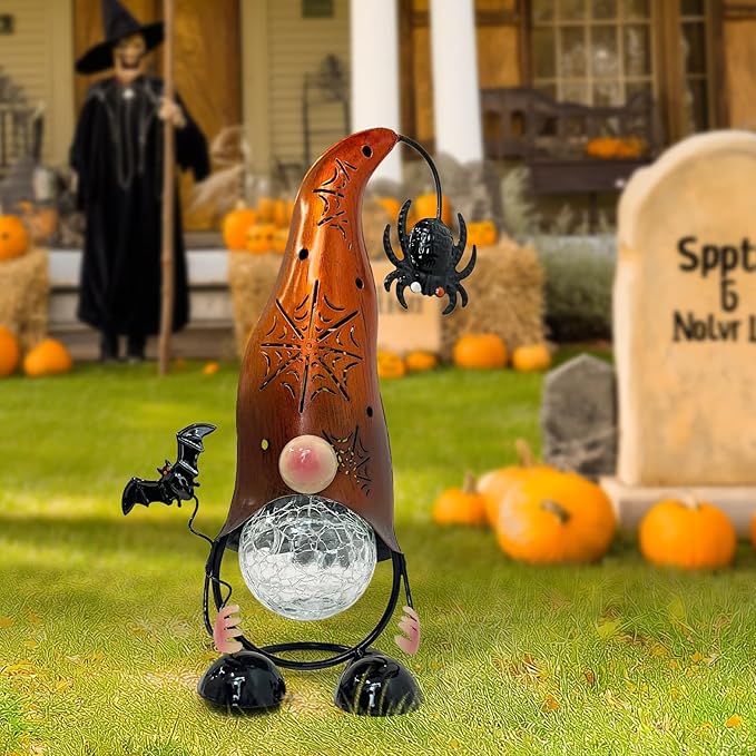 Halloween Decorations Outdoor Gnome Solar Lights, Color Changing LED Lights with Spider Web Hollowed-Out Hat, Spooky Halloween Outdoor Decorations for Garden, Patio, Yard, Pathway (Pumpkin)