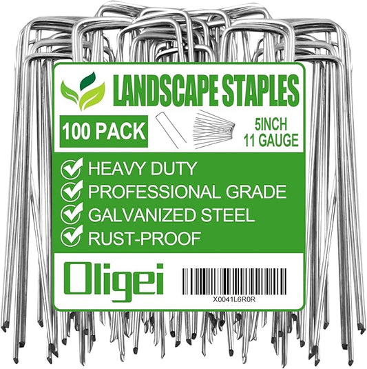 Oligei 100 Pack Garden Stakes, U-Shaped Tent Stakes, Galvanized Landscape Staples, Ground Stakes, for Landscaping Securing Weed Barrier Fabric, Irrigation Tubing, Holding Fence, Tarpaulin