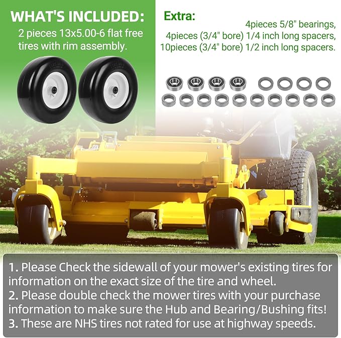 AR-PRO (2 Pack) 13 x 5.00-6" Flat Free Tire and Wheel, Replacement Solid Lawn Mower Tires with Rim, 3" Centered Hub and 3/4" Extra 5/8" Bearings - Fit for Most Riding Mower, Garden Lawn Tractor