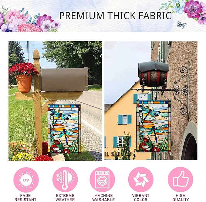 Spring Summer Dragonfly Garden Flag Glass Style Flowers Garden Flag Vertical Double Sided Rustic Farmland Burlap Yard Lawn Outdoor Decor 12.5x18"