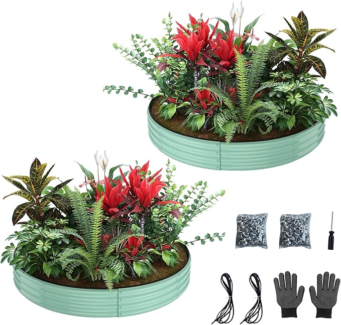 Galvanized Metal Planter Round Raised Garden Bed Kit for Gardening Outdoor,3x3x1ft 2PC Grow Garden Box Raised Flower Bed,Round Galvanized Planter Outdoor Large Metal Fire Pit Ring Green