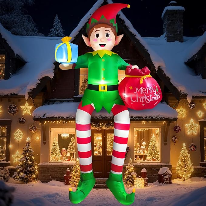 10FT Christmas Inflatable Outdoor Decoration, Sitting Elf Inflatable Christmas Blow up Yard Decorations with LED Lights, Elf Outdoor Decoration for Garden Lawn Roof