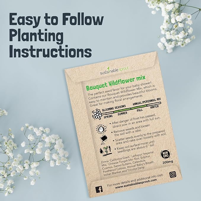 Wildflower Seed Packets Party Favors: 25 Pack Oh Baby Colorful Mix of Flowers for Planting, Gardening, & Any Baby Shower, Bulk Seed Packets for Spring & Summer Blooms, Thank Guests by Sustaible Sprout