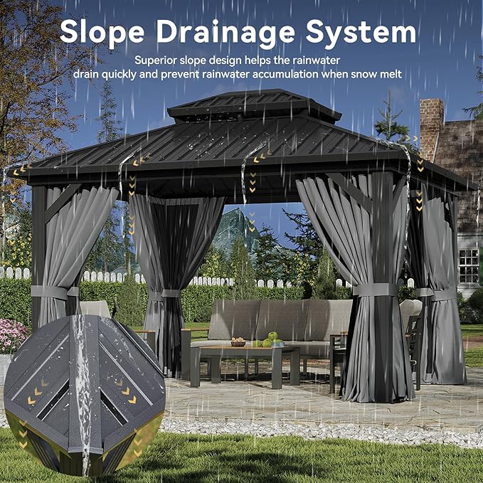 Aoxun 12'x10' Hardtop Gazebo, Aluminum Frame Permanent Pavilion with Curtains and Netting, Outdoor Galvanized Double Roof Canopy, Designed for Garden, Lawns, Patio