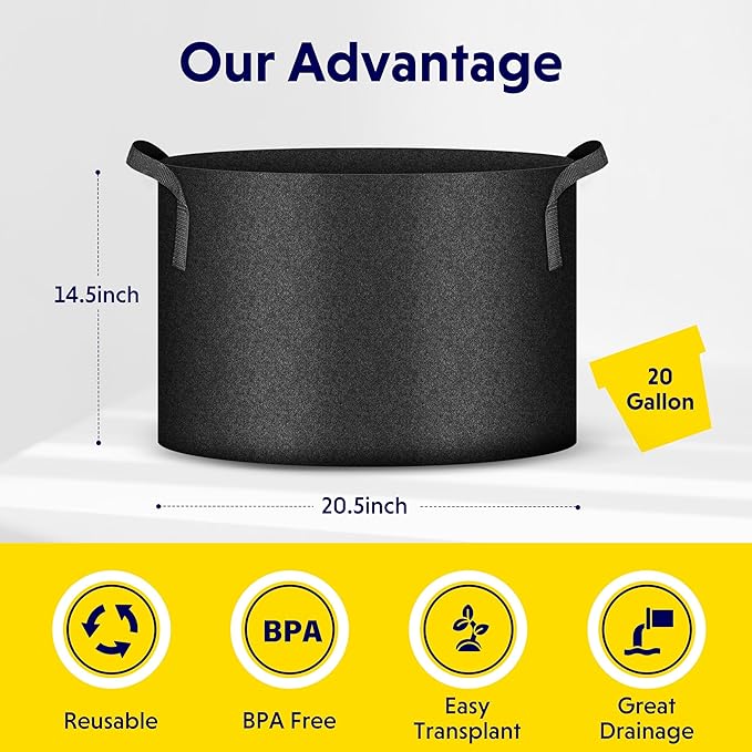 iPower 5-Pack 20 Gallon Plant Grow Bags Thickened Nonwoven Aeration Fabric Pots Heavy Duty Durable Container, Strap Handles for Garden with 5 Labels, Black New