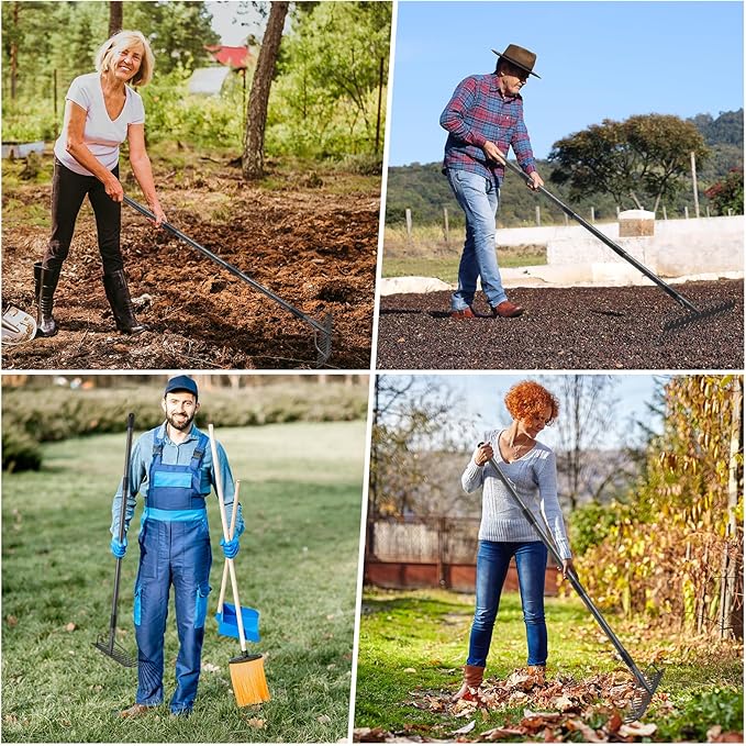 48'' Bow Rake Heavy Duty Garden Rake with Stainless Steel Handle, Tines Metal Head Rake Tool for Loosening Soil Gathering Leaf Leveling Lawn Farming Land Management Yarn Thatch Rake