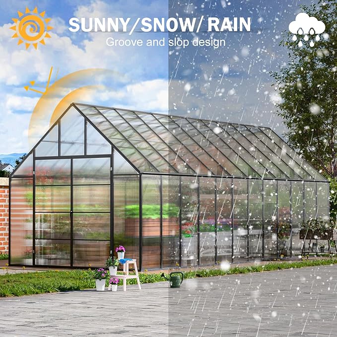 CDCASA 10x24 FT Greenhouse for Outdoors,Large Easy Assembly Thicker Aluminum Polycarbonate Greenhouses with 5 Windows, Double Door,Outside Walk-in Green House for Patio, Backyard,Garden