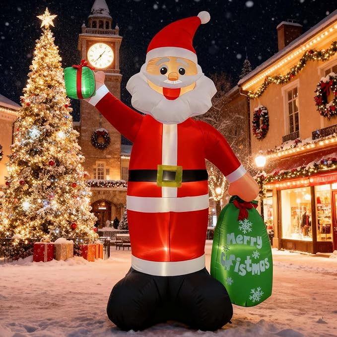 12FT Giant Christmas Inflatable Santa Claus with LED Lights and Gift Bag, Outdoor Blow Up Decorations for Yard, Indoor Holiday Party, Built-in Lights, Weatherproof, Includes Stakes & Sandbags