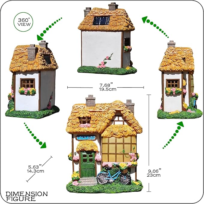 Rustic Thatched Flower Shop Resin Cottage – Fairy House Garden Statues Outdoor, Solar-Powered Warm Lights,Weatherproof, Spring Vines & Bicycle Décor,Perfect Home Gifts for Mom Wife Grandma