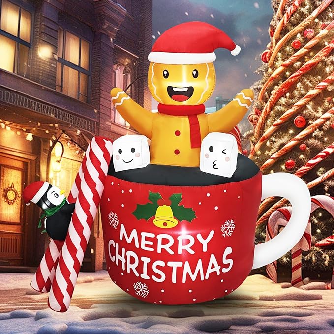 6FT Christmas Inflatables Outdoor Decorations, Navidad Blow Up Gingerbread Swiming in Hot Cocoa Mug Scene with Penguin Built in LED for Garden Lawn Xmas Decor Party