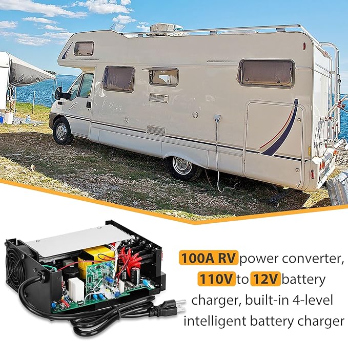 100A RV Power Converter 110VAC to 12VDC RV Converter 100Amp RV Power Converters Built-in 4 Stage Smart Battery Charger for Lithium Batteries RV Converters Fully Adjustable Output from 13V to 16.5V