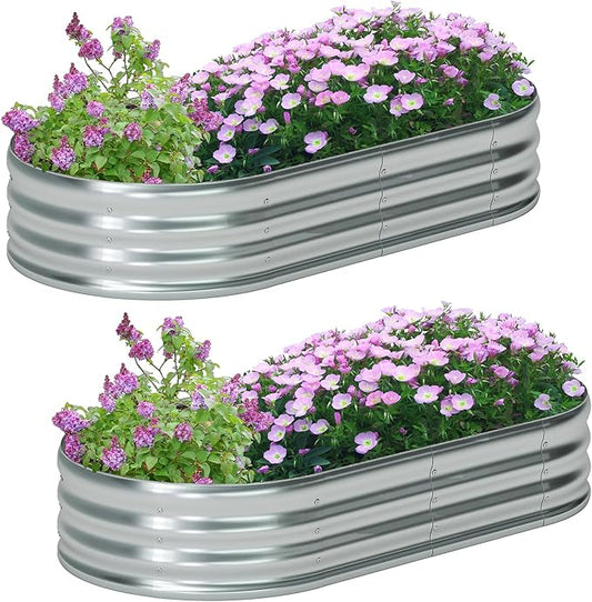 zizin 2 Pack Galvanized Raised Garden Bed Metal Oval Raised Garden Beds Outdoor Planter Box for Vegetables (8x2x1FT, Silver)