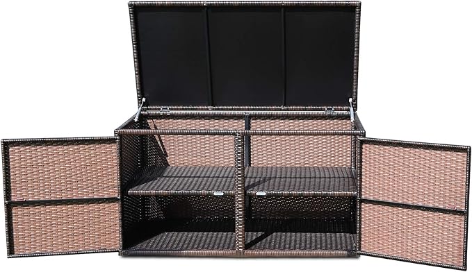 Tangkula Outdoor Wicker Storage Box, Garden Deck Bin with Steel Frame, Rattan Storage Box with Lid, Ideal for Storing Tools, Accessories, 88 Gallon Capacity (Brown)