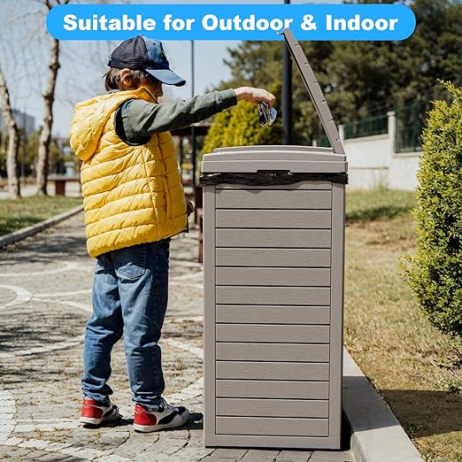 Outdoor Trash Can with Lid, Outdoor Trash Bin & Pull-Out Liquid Drawer, Dual Lid Closure Design, Waterproof Resin Garbage Can Container for Patio, Backyard, Deck (Grey, 31 Gallon)