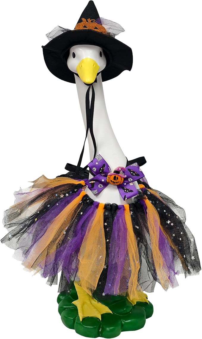 Halloween Porch Goose Statues with Outfits Decor - 20" Big White Goose Resin Figurine, Autumn Halloween Goose Outfits with Hat Bow Tie for Party Decoration, Porch, Yard, Patio, Lawn,Women/Girl Gift