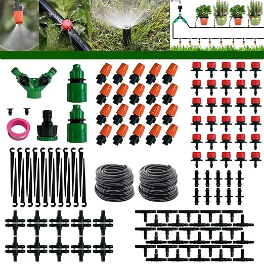 JOPARY 100FT PVC Hose DIY Automatic Flower Waterer Drip Irrigation Kit,Balcony Flower Pot Watering, Smart Watering Drip Irrigation, Irrigation Tubing Hose Adjustable Nozzle Emitters Barbed Fittings