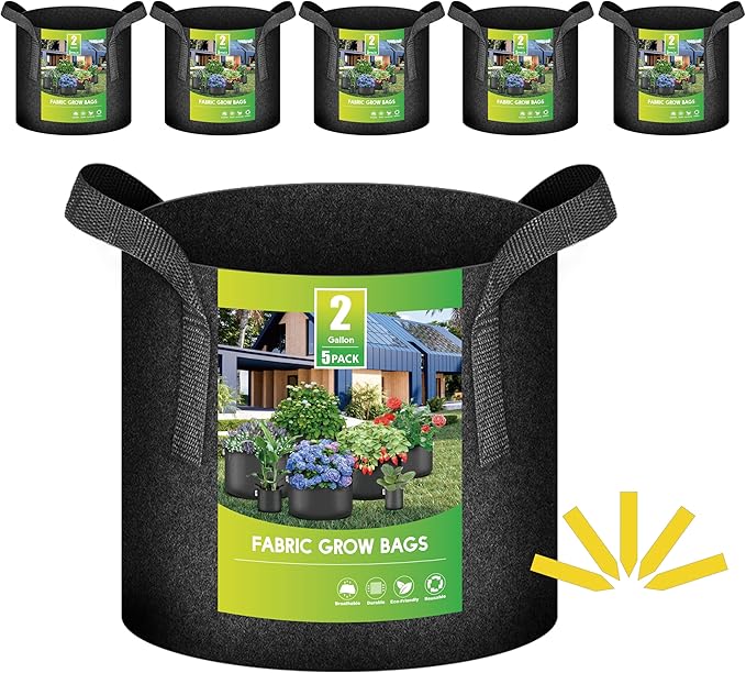 iPower 5-Pack 2 Gallon Plant Grow Bags Thickened Nonwoven Aeration Fabric Pots Heavy Duty Durable Container, Strap Handles for Garden, Black