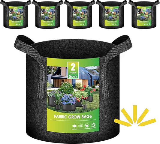 iPower 5-Pack 2 Gallon Plant Grow Bags Thickened Nonwoven Aeration Fabric Pots Heavy Duty Durable Container, Strap Handles for Garden, Black