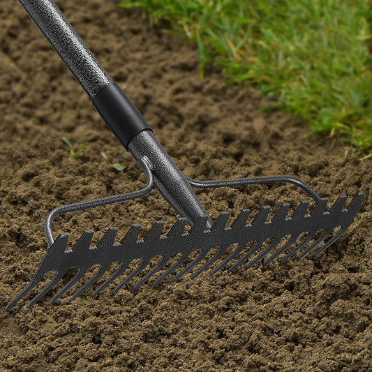 48'' Bow Rake Heavy Duty Garden Rake with Stainless Steel Handle, Tines Metal Head Rake Tool for Loosening Soil Gathering Leaf Leveling Lawn Farming Land Management Yarn Thatch Rake