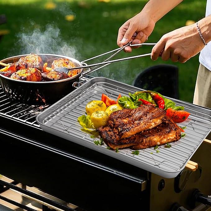 4-piece BBQ accessory set, stainless steel barbecue prep tray, portable BBQ system, 2 lidded marinade containers, suitable for outdoor grilling, easy to clean, men's BBQ gift.
