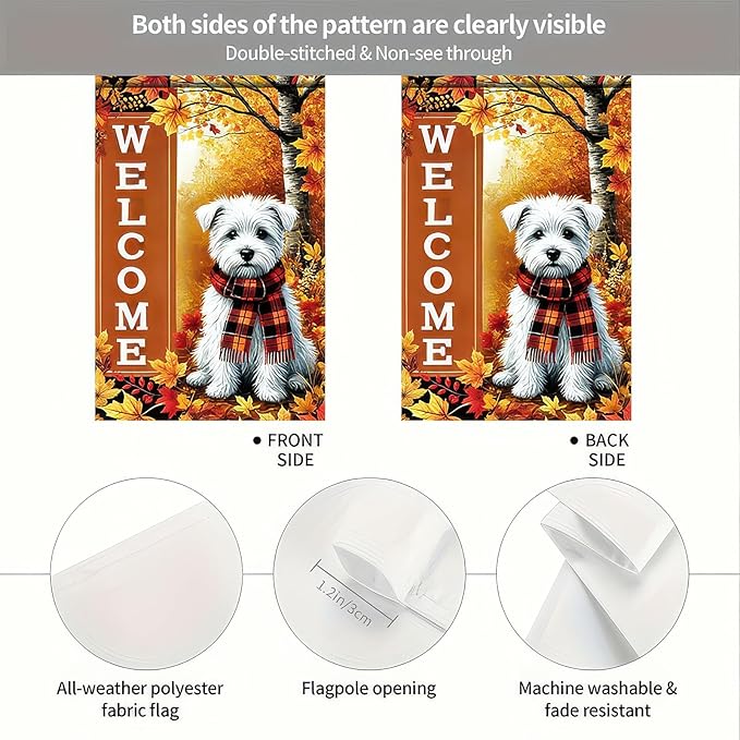 Thanksgiving Fall Garden Flag 12x18 Inch Welcome West Highland White Terrier Dog Outdoor Flag Double Sided Autumn Yard Banner with Plaid Scarf and Leaves Decor for Porch Lawn Patio