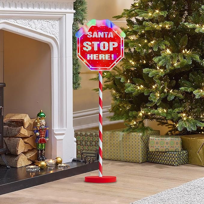 Christmas Santa Stop Here Lights 40-inch Pre-lit Christmas Yard Decorations with 30 Multi-color LEDs Battery Operated 8 Lighting Modes for Xmas Lawn Patio