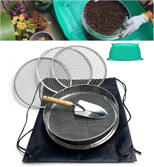 Soil Sifter for Gardening, 12 Inch Stainless Steel Soil Sifter with 4 Replaceable Fine Screens and Shovel, Sieve for Sand Rocks Dirt Compost