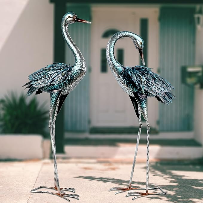 Kircust Garden Crane Statue for Outdoor, Blue Heron Decoy Garden Sculptures and Statues, Metal Bird Yard Art for Lawn Patio Decor, Set of 2