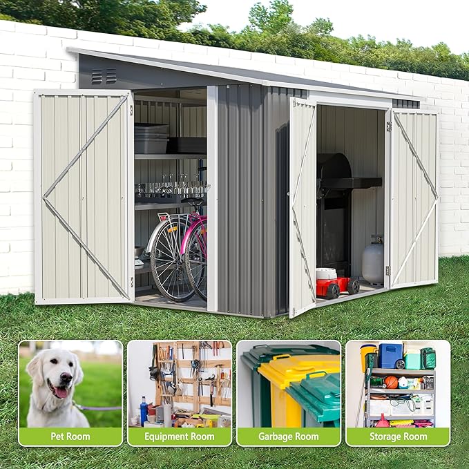6x8FT Lean to Shed Metal Outdoor Storage Sheds with Floor Frame,Large Tool&Lawn Mower Shed with Two Lockable Doors for Garden Backyard Patio Storage,Outside Waterproof Storage Shed