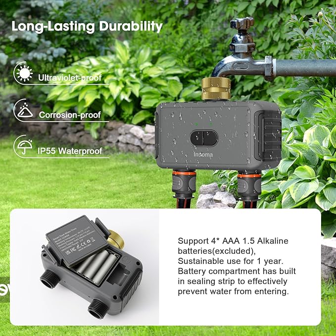 Smart Hose Watering Timer with Wi-Fi Hub, Automatic Irrigation System Controller for Lawns and Yard, Compatible with Alexa Dark Gray-Brass Inlet & Plastics Outlet (2-Outlet)