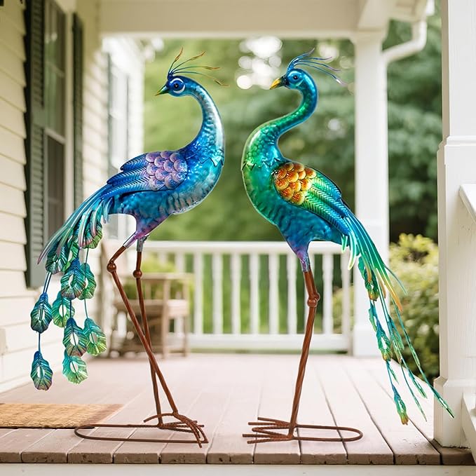 chisheen Metal Peacock Statue Garden Decor Yard Art Decoration Outdoor Sculpture,Set of 2,Housewarming Birthday for Women Mom