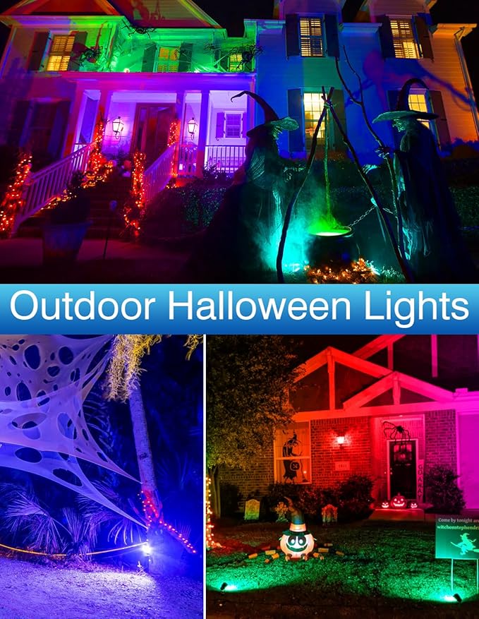 Halloween RGB Spot Lights Outdoor, Color Changing Landscape Lighting, Waterproof Spotlight with US Plug for Yard Tree Garden Path House Christmas Decoration (6 Pack)