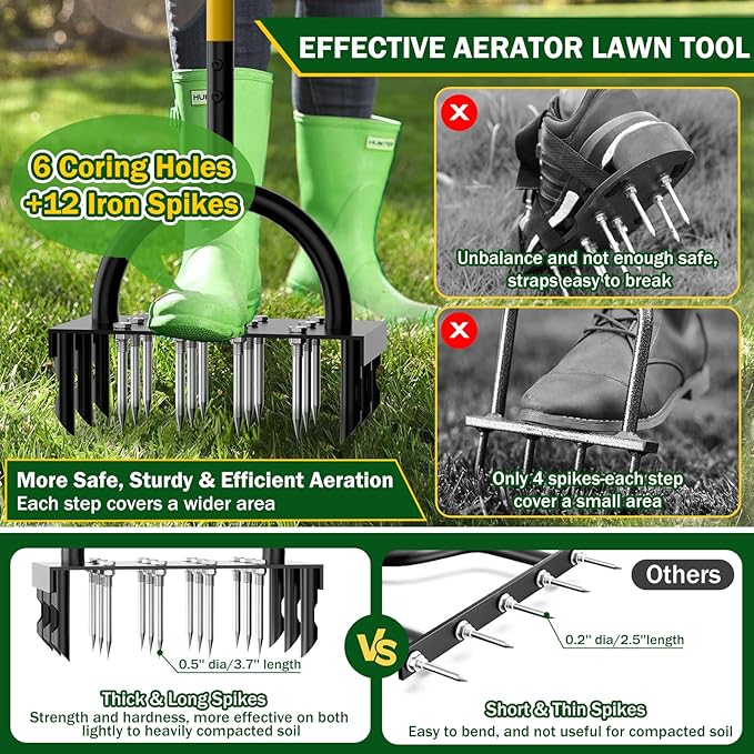 2-in-1 Lawn Aerator 43.3'',Aerator Lawn Tool with 18 Spikes,Manual Lawn Aerator Coring Tool,Yard Grass Plug Aerator for Lawn Aerating,Core Aerator with Cleaning Tool for Lawn Garden Care Compact Soil