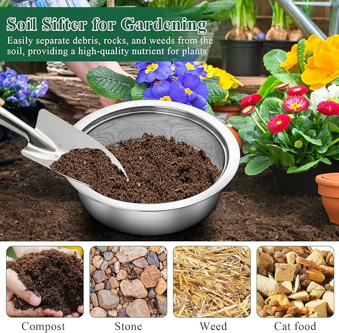 Soil Sifter, Soil Sifter for Rocks with 3 Sieve Mesh, 3mm 6mm 9mm, Stainless Steel Rock Sifter, Garden Potting Sieves with Shovel, Fine Mesh Sieve for Topsoil, Fine Sand