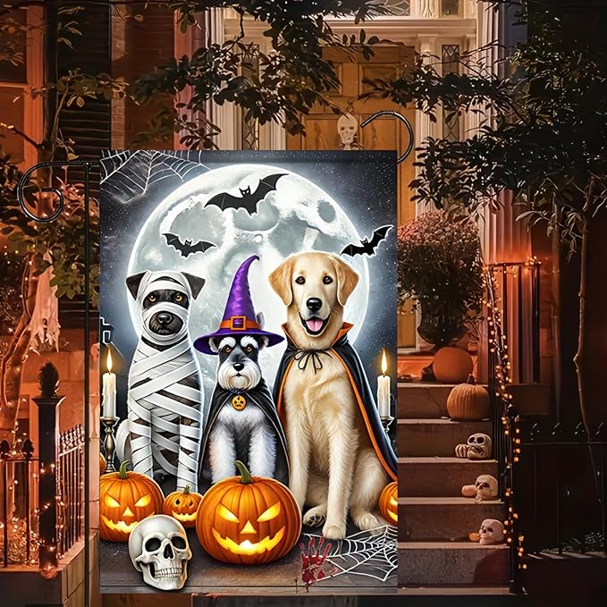 Halloween Garden Flag 12x18 Flag Double Sided Dogs Cat Garden Flag Witch Hats Pumpkins And Full Moon Cute And Spooky Outdoor Yard Lawn Decoration Banner