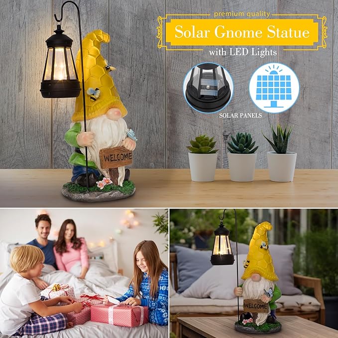 Garden Gnome Statue Solar Statue with LED Lantern, Resin Gnome Figurine Ornament for Patio Yard Lawn Porch Outdoor Decor