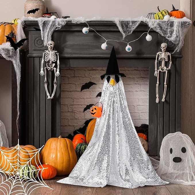 Halloween Porch Goose Outfit Ghost Lawn Goose Clothes with Pumpkin Bag for 23" Disco Plastic/Cement Outdoor Patio Yard Lawn Art Decoration(Silver,Sequins)