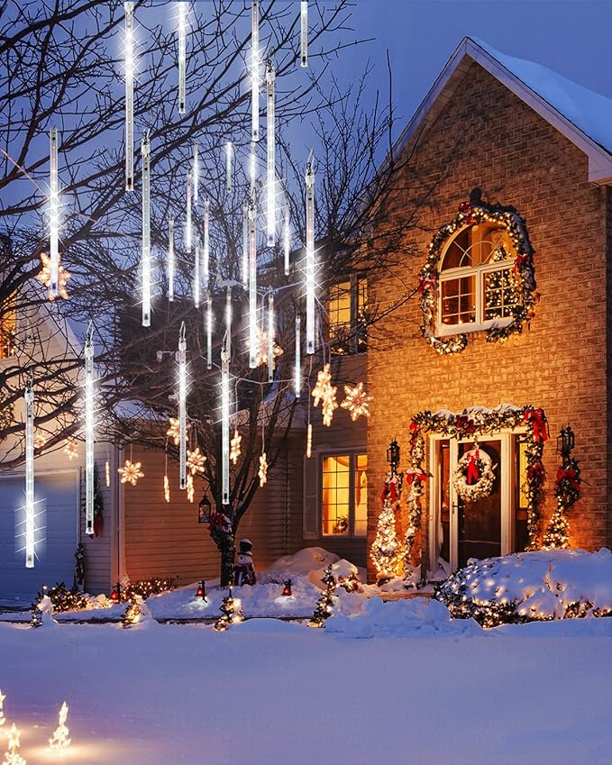 White 10 Tube 240 LED Raindrop Meteor Shower Icicle Lights with Timer Function for Holiday Party Christmas Decorations