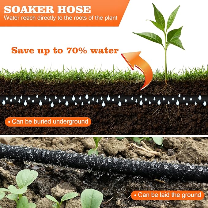Soaker Hose 50 FT for Garden with 5/8" Diameter Irrigation Hose Save 70% of Water Solid Brass Interface Eminently Suitable for Lawn and Garden Bed Cover