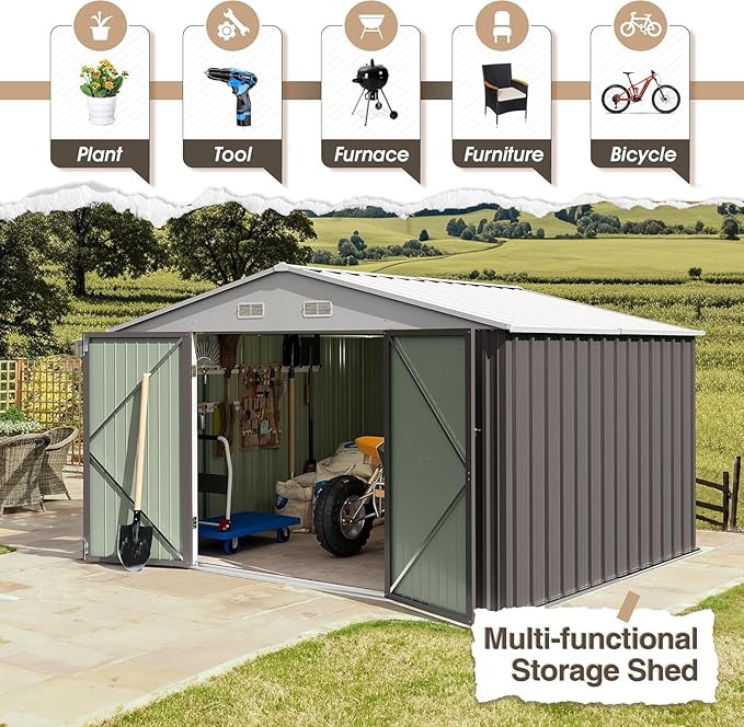 Furniwell Outdoor Storage Shed, Metal Garden Sheds Outdoor Storage House with Single Lockable Door for Backyard Patio Lawn (Gray, 10 x 10 FT)