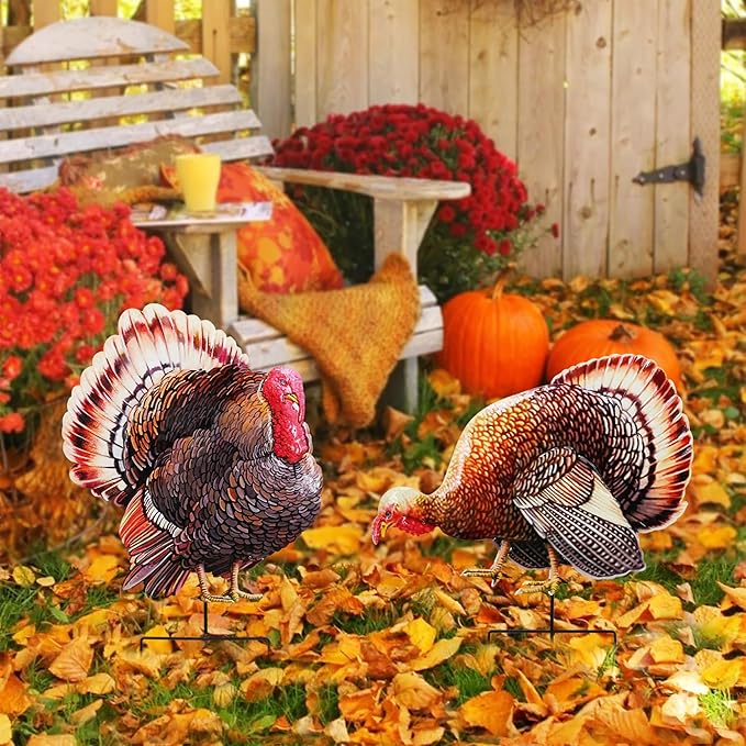 A Set of Metal Turkey Garden Wooden Stakes, 2 Outdoor Thanksgiving Yard Decorations, Colorful Turkey Garden Statues, Waterproof and Stable (Colorful Turkeys)